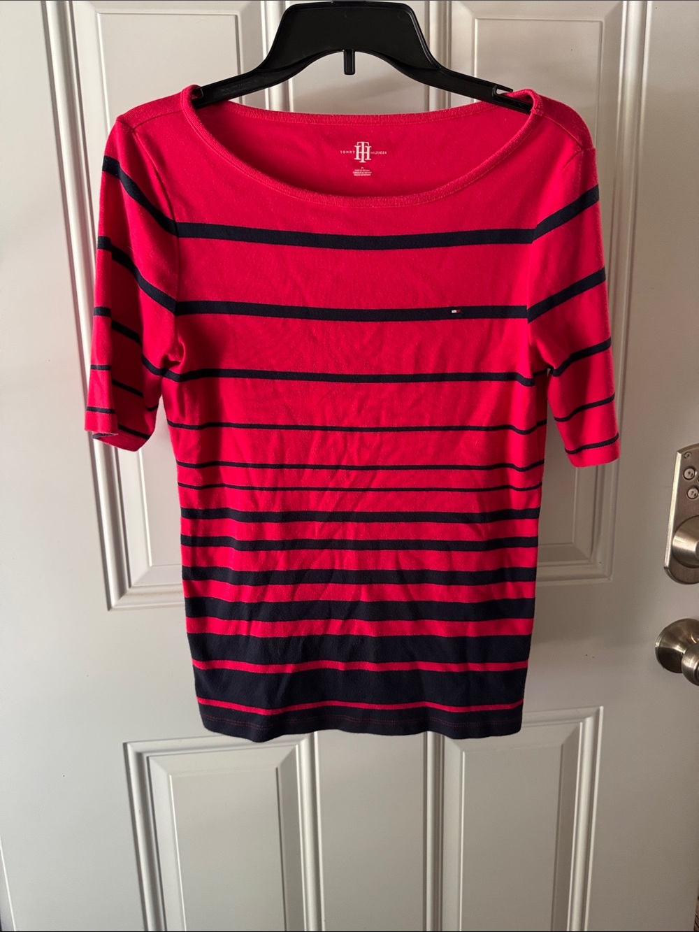 Tommy Hilfiger Bright Pink and Navy Striped Short Sleeve Top
